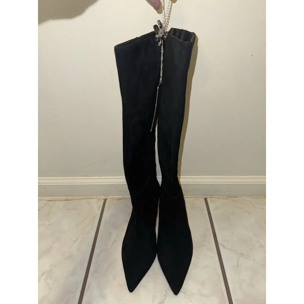 NWOB Antonio Melani knee high boots black suede‎ kitten heels pointed toe Size 6